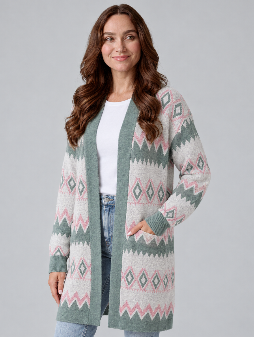 Women's mid-length knit cardigan in gray and pink, three-quarter view