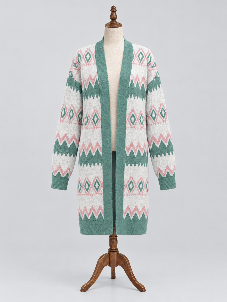 Women's mid-length knit cardigan on a mannequin
