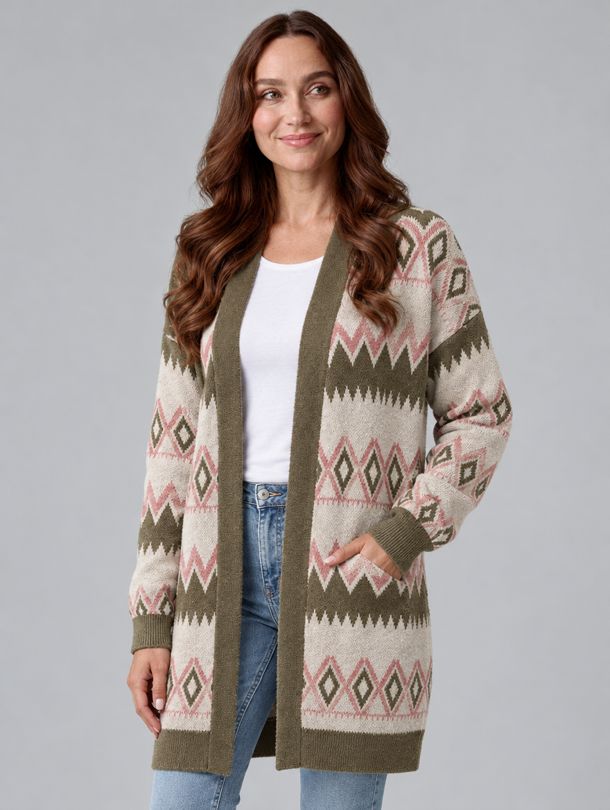 Women's mid-length knit cardigan in khaki, three-quarter view