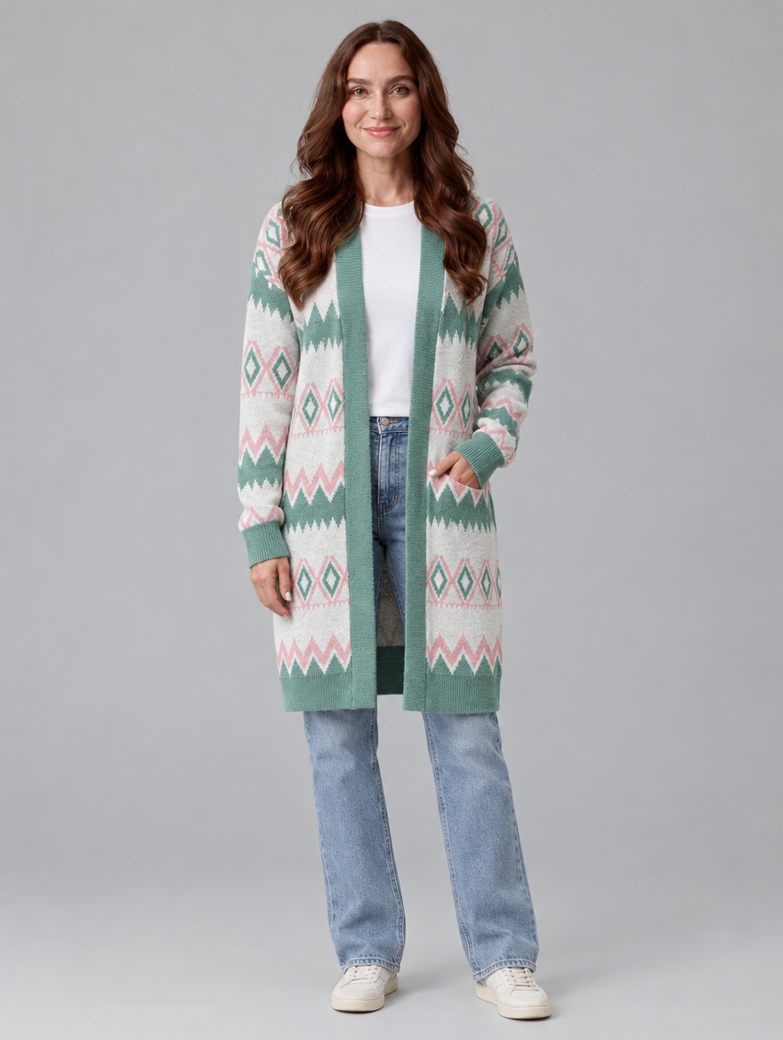 Women's mid-length knit cardigan in mint green, front view