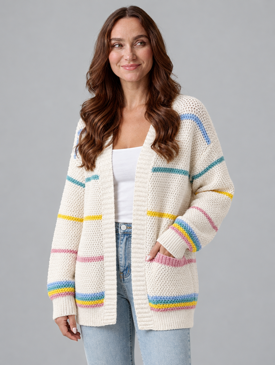 Women's loose knit cardigan in apricot, three-quarter view