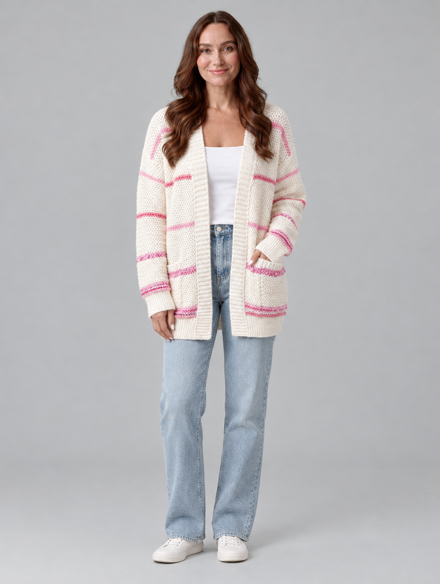 Women's loose knit cardigan in pink, front view