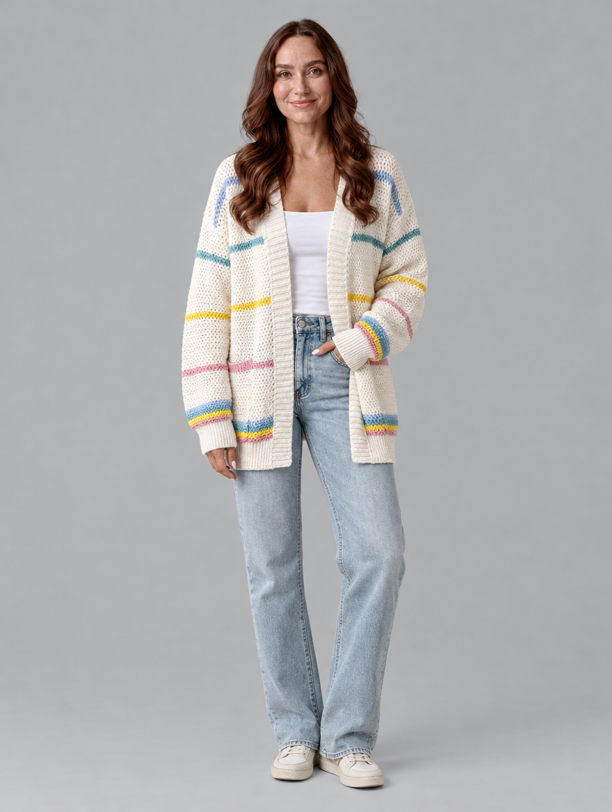Women's loose knit cardigan in apricot, front view