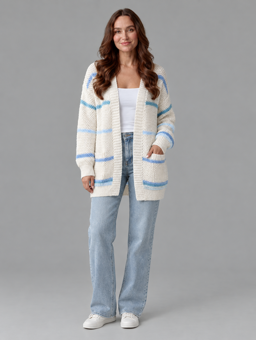 Women's loose knit cardigan in sky blue, front view