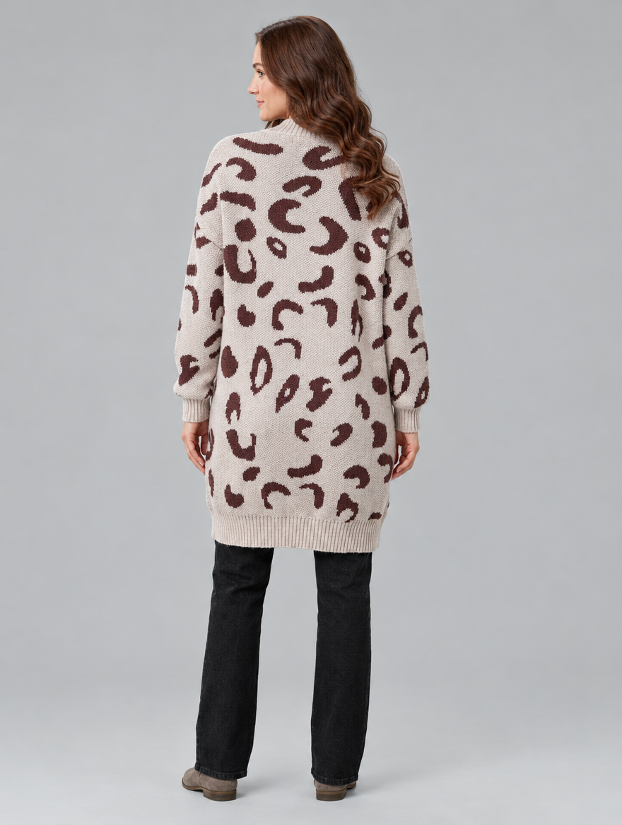 Women's mid-length leopard print cardigan, back view