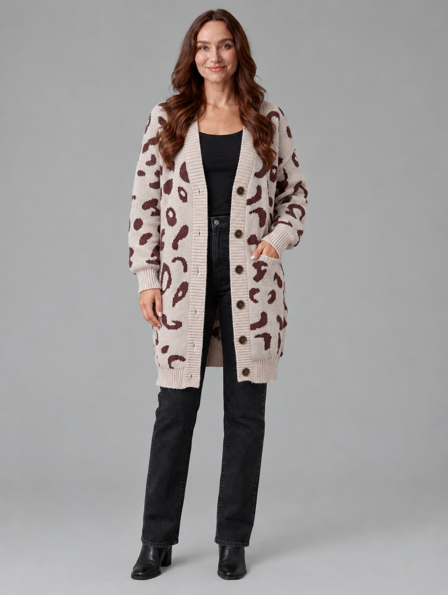 Women's mid-length leopard print cardigan, front view