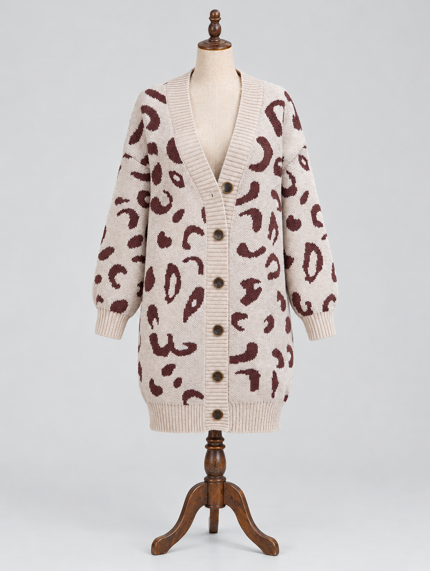 Women's mid-length leopard print cardigan on a mannequin