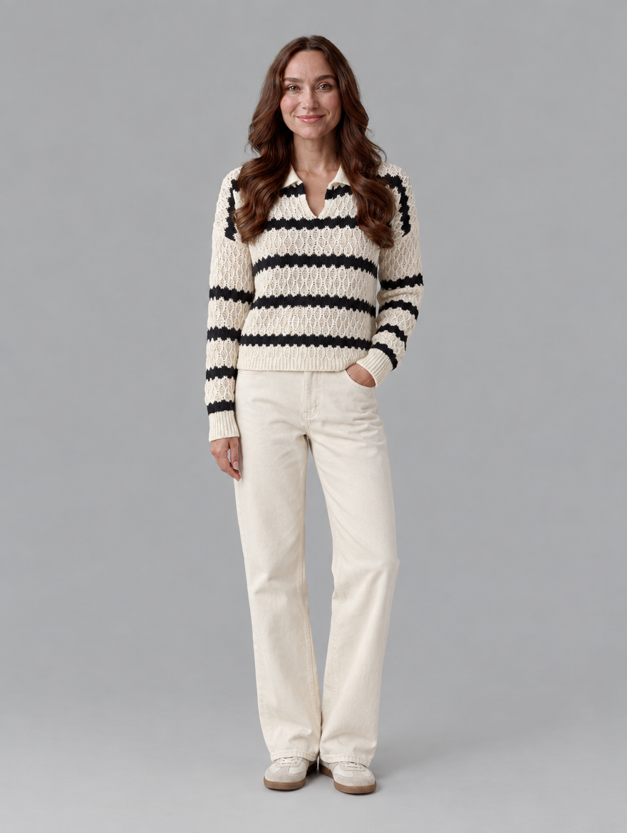 Women's striped polo sweater, front view