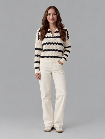 Women's striped polo sweater, front view