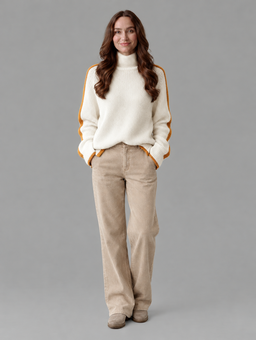 Women's white thick turtleneck sweater, front view