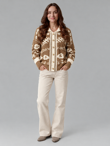 Women's buttoned knitted sweater in khaki, worn by a model