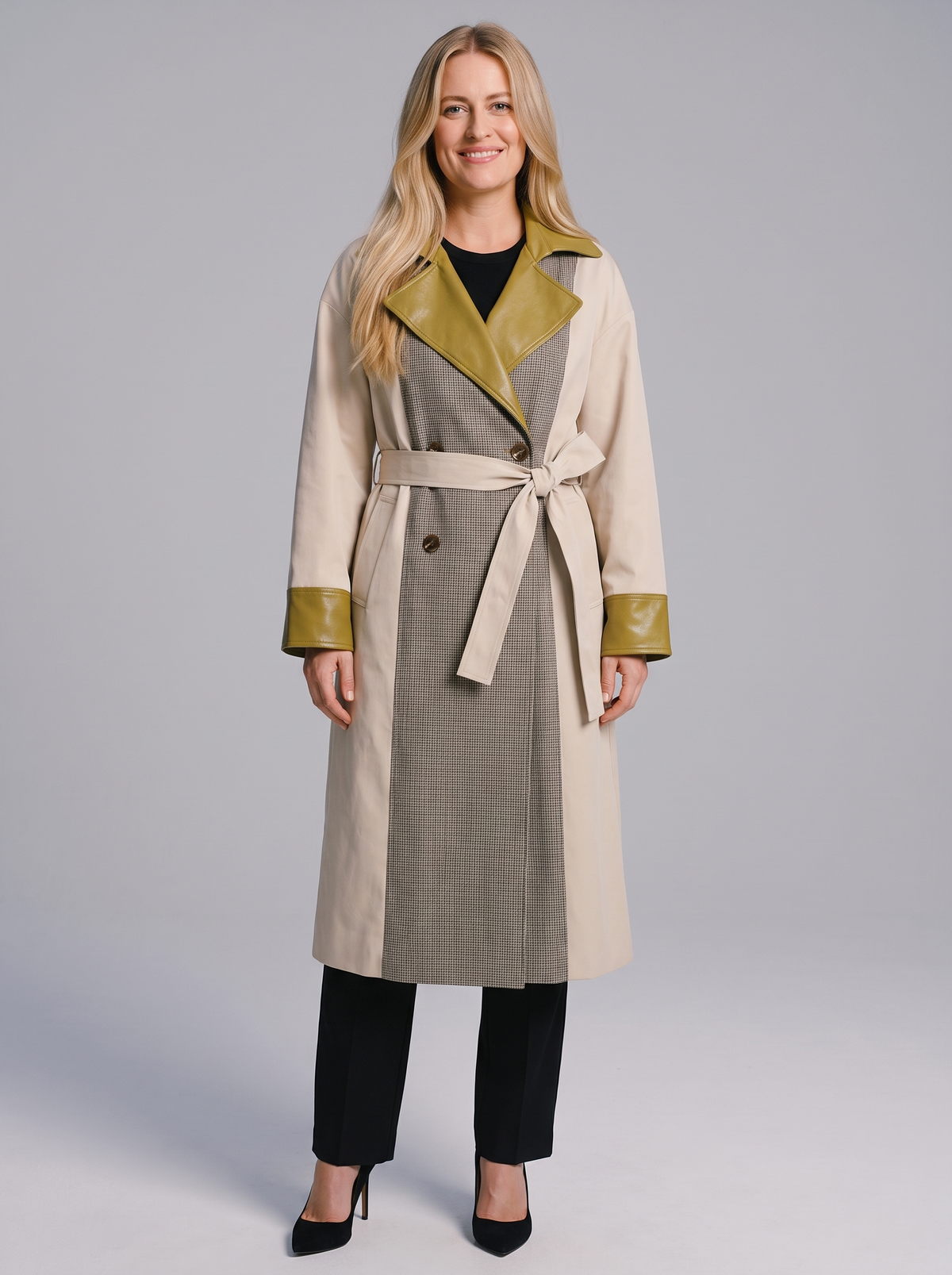 Women's plaid trench coat with olive leather lapel worn by model