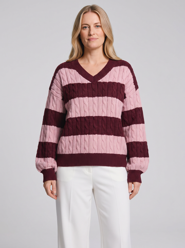 Women's striped cable knit V-neck sweater, front view