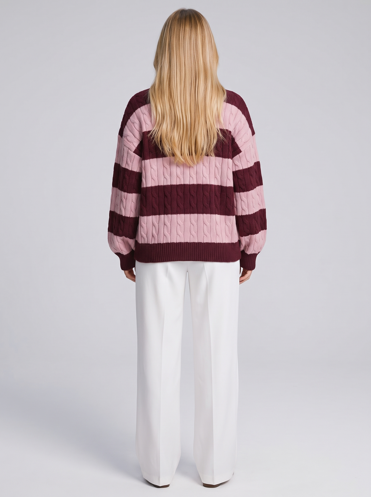 Women's striped cable knit V-neck sweater, back view