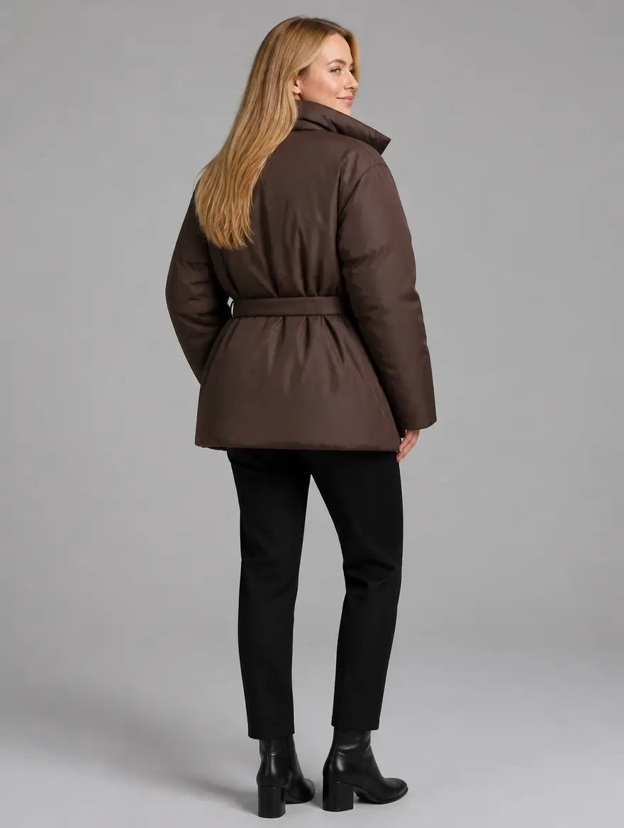 Women's warm puffer jacket with lace-up detail in brown - back view