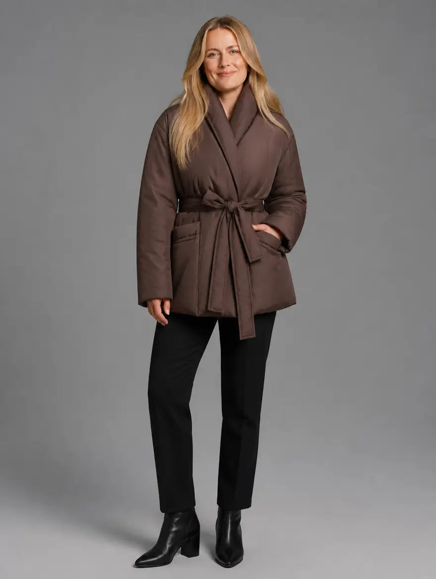 Women's warm puffer jacket with lace-up detail in brown - front view