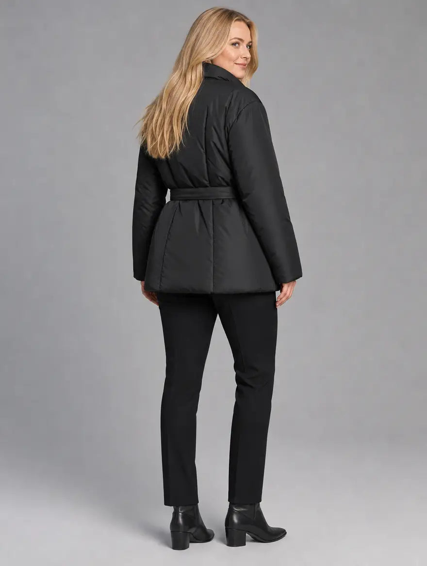 Women's warm puffer jacket with lace-up detail in black - back view