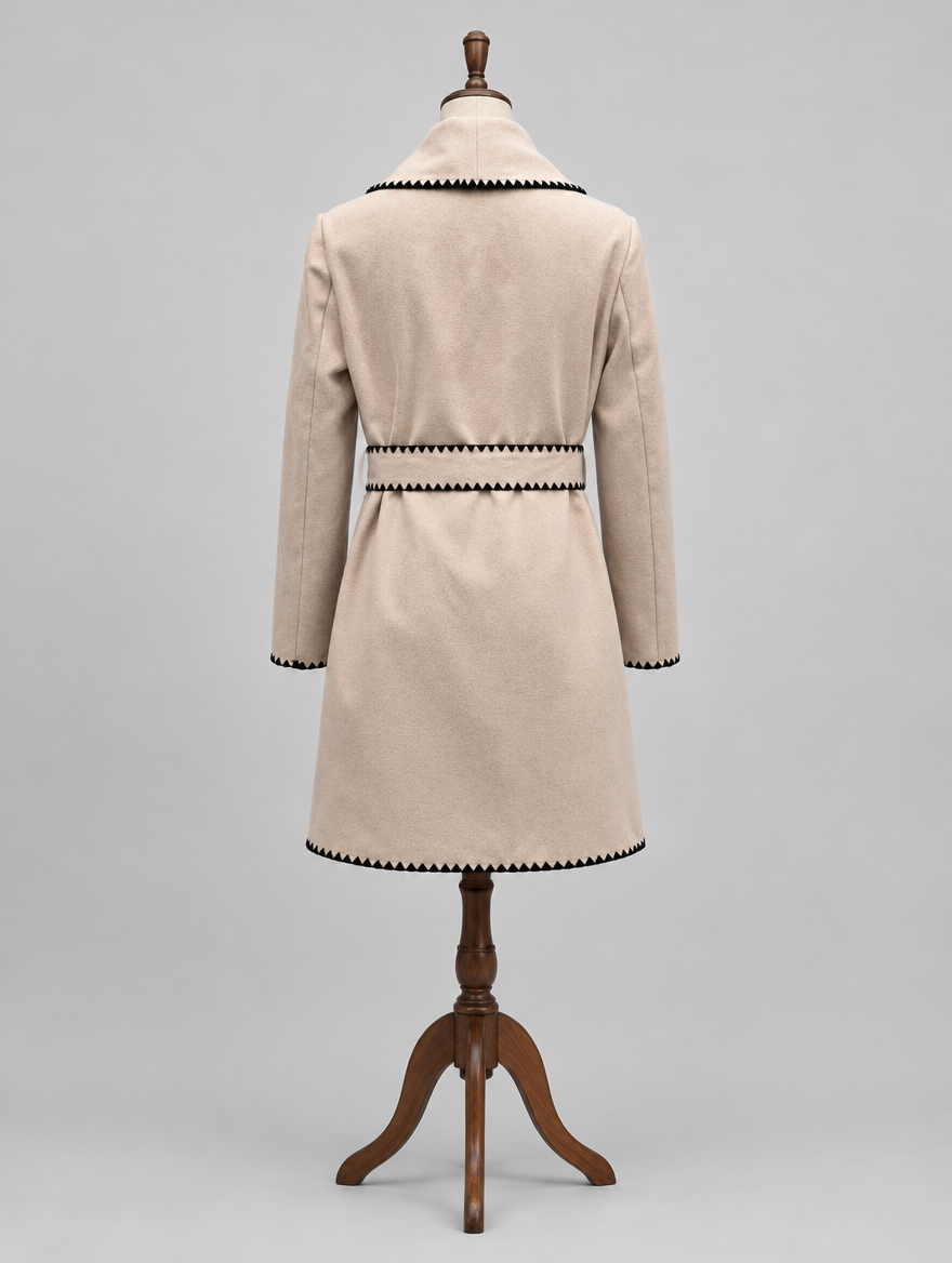 Women's apricot belted wrap coat on mannequin, back view