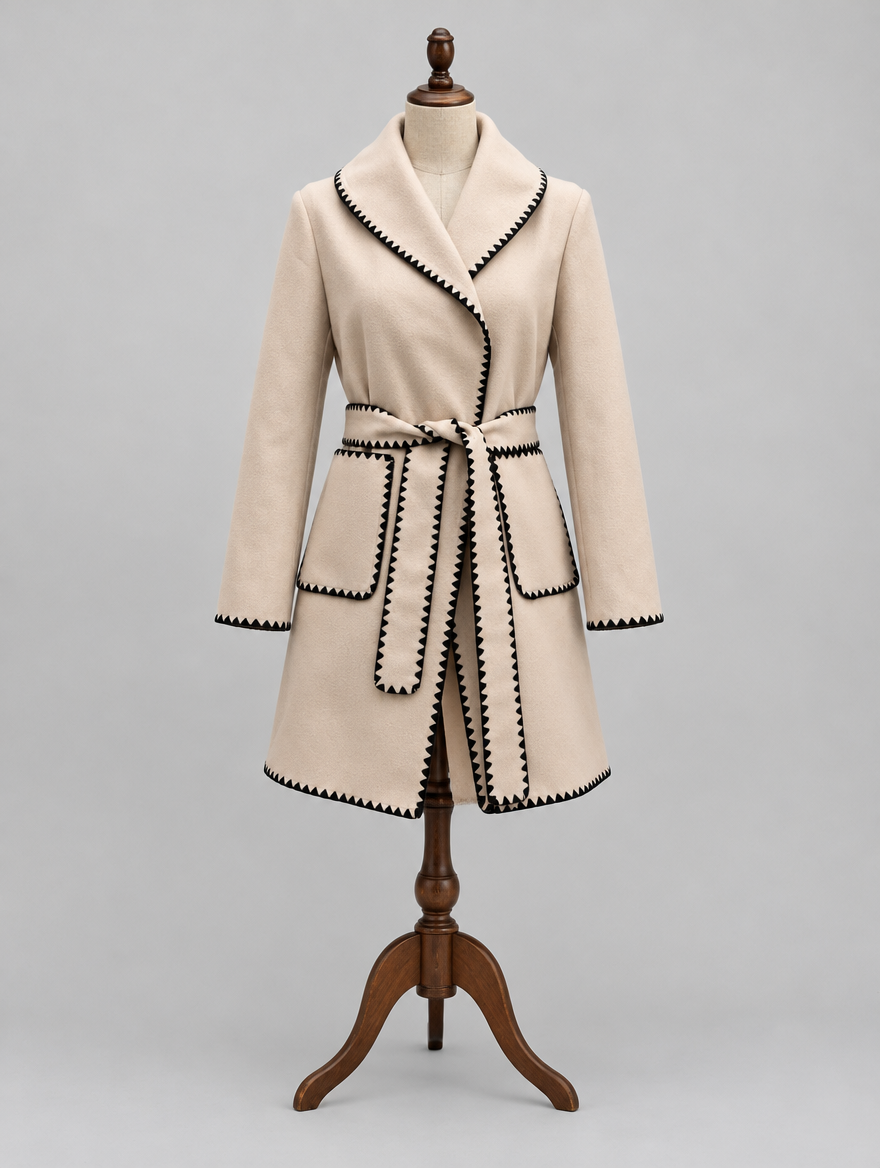 Women's apricot belted wrap coat on mannequin, front view