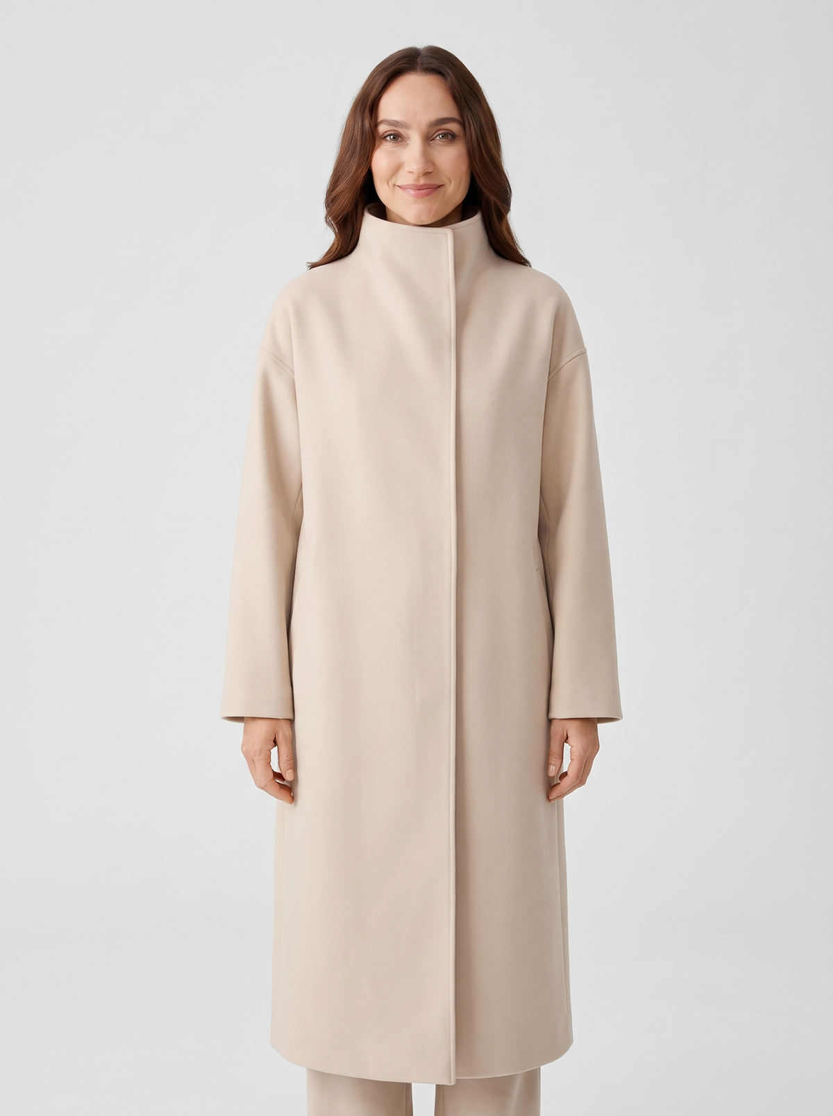 Women's Long Coat – High Collar Loose Maxi Overcoat with Hidden Placket
