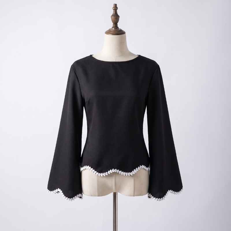 Women's A-Line Blouse – Boat Neck Bell Sleeve Top with Contrast Collar and Floral Lace Trim