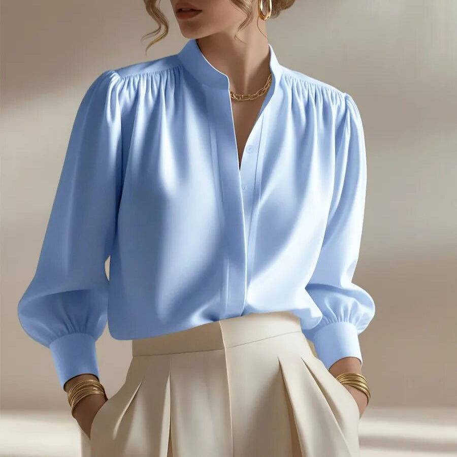 Women's satin shirt shown on a model