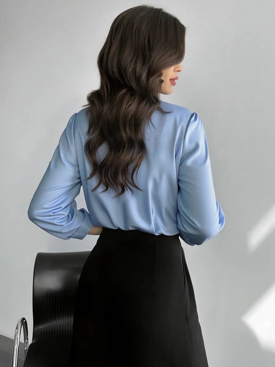 Fluid satin shirt for women, detail of drape