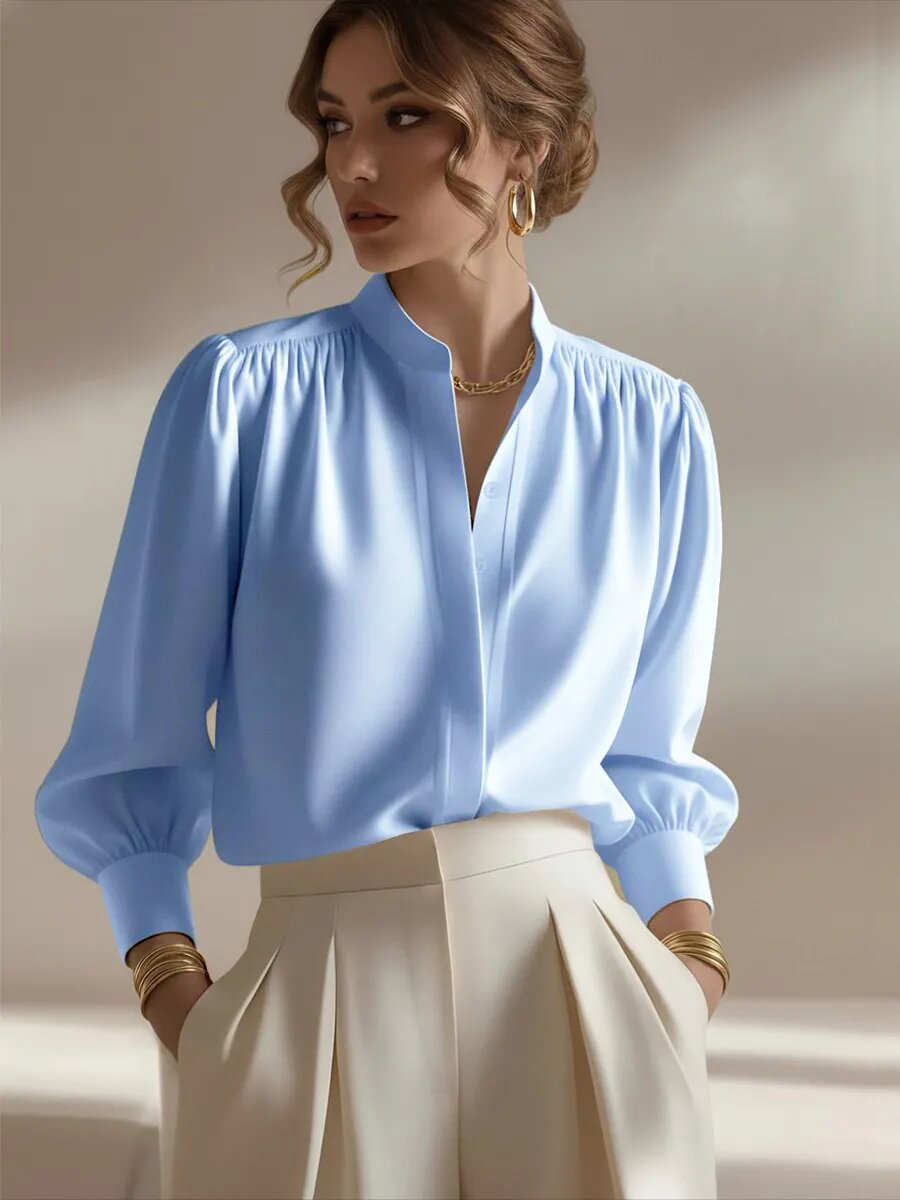 Women's satin shirt shown on a model