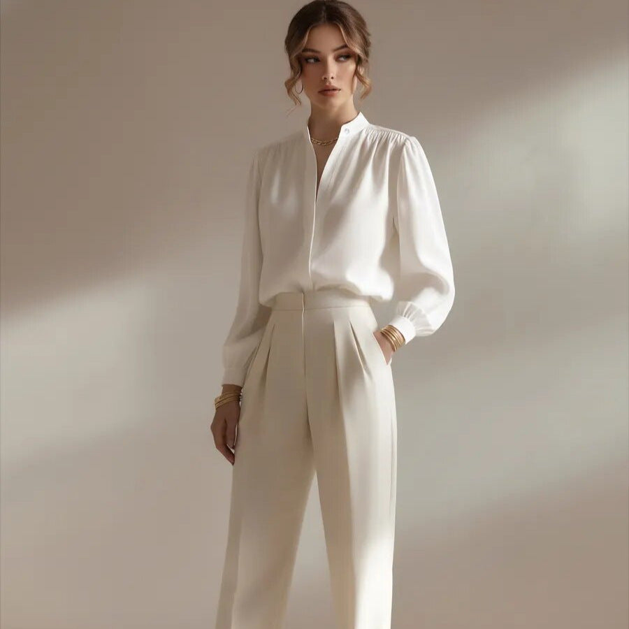Women's fluid satin shirt, side view showing fabric sheen
