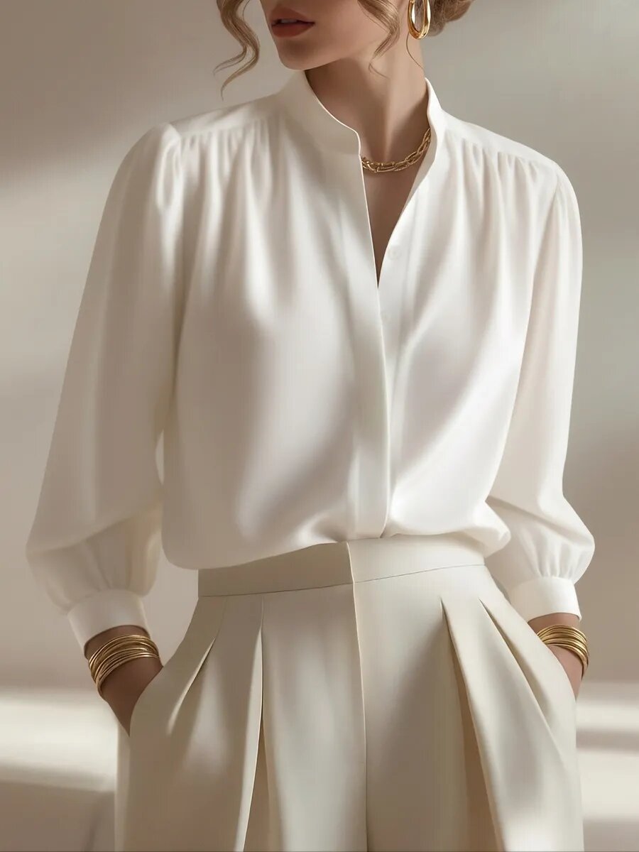 Women's satin shirt in white, front view