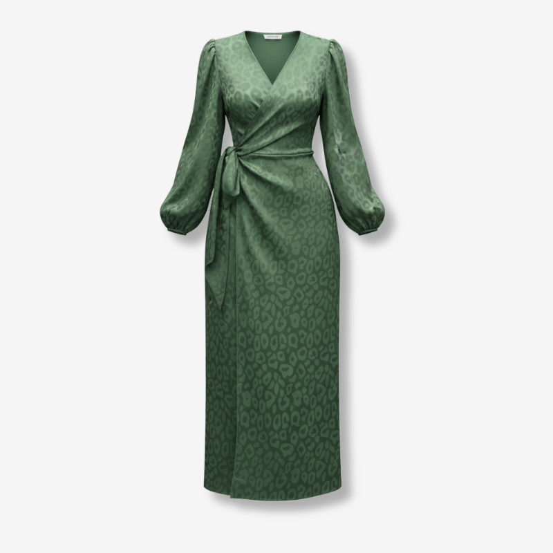 Women's black leopard print satin maxi dress with long sleeves