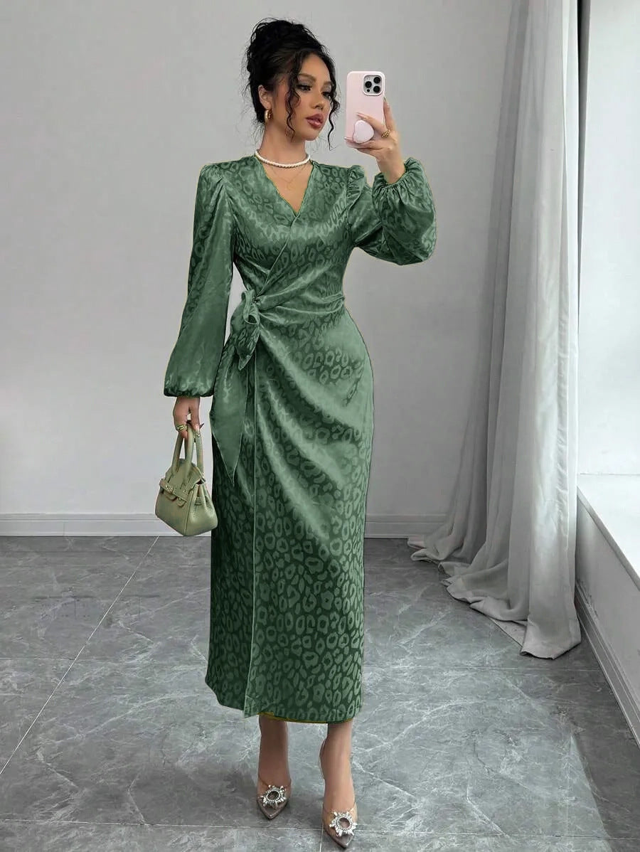 Women's black leopard print satin maxi dress with long sleeves