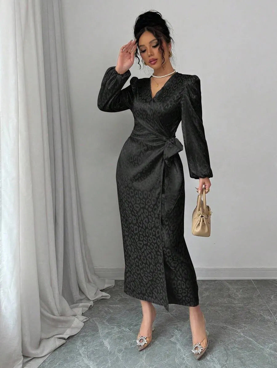 Satin maxi dress in leopard animal print, alternate view