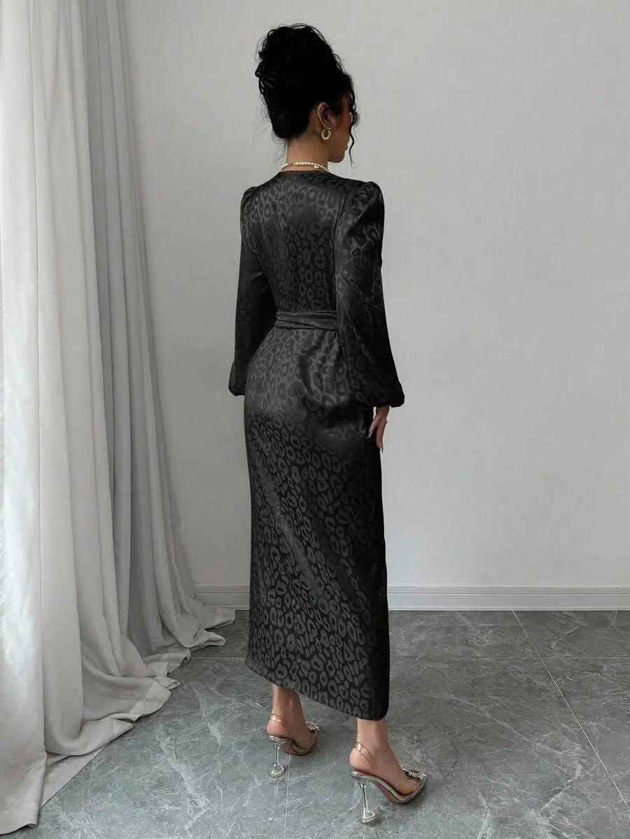 Leopard print satin fabric detail on the long sleeve maxi dress
