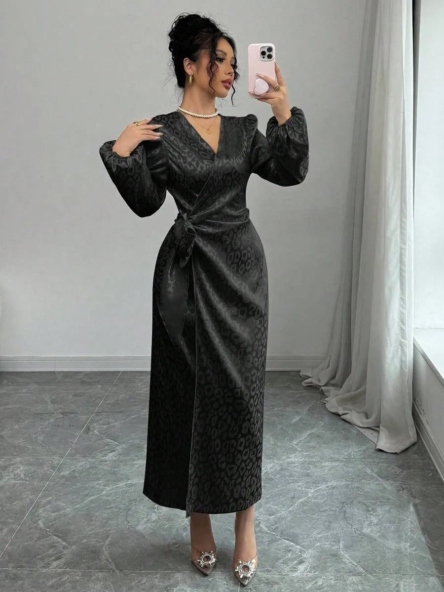Long sleeve satin maxi dress in leopard print, styled view