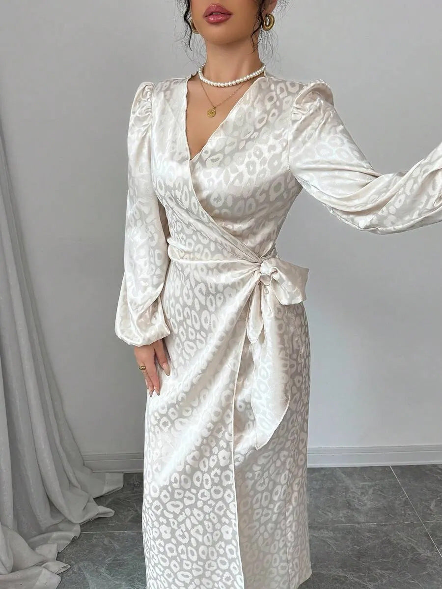Women's leopard print satin maxi dress with long sleeves, detail
